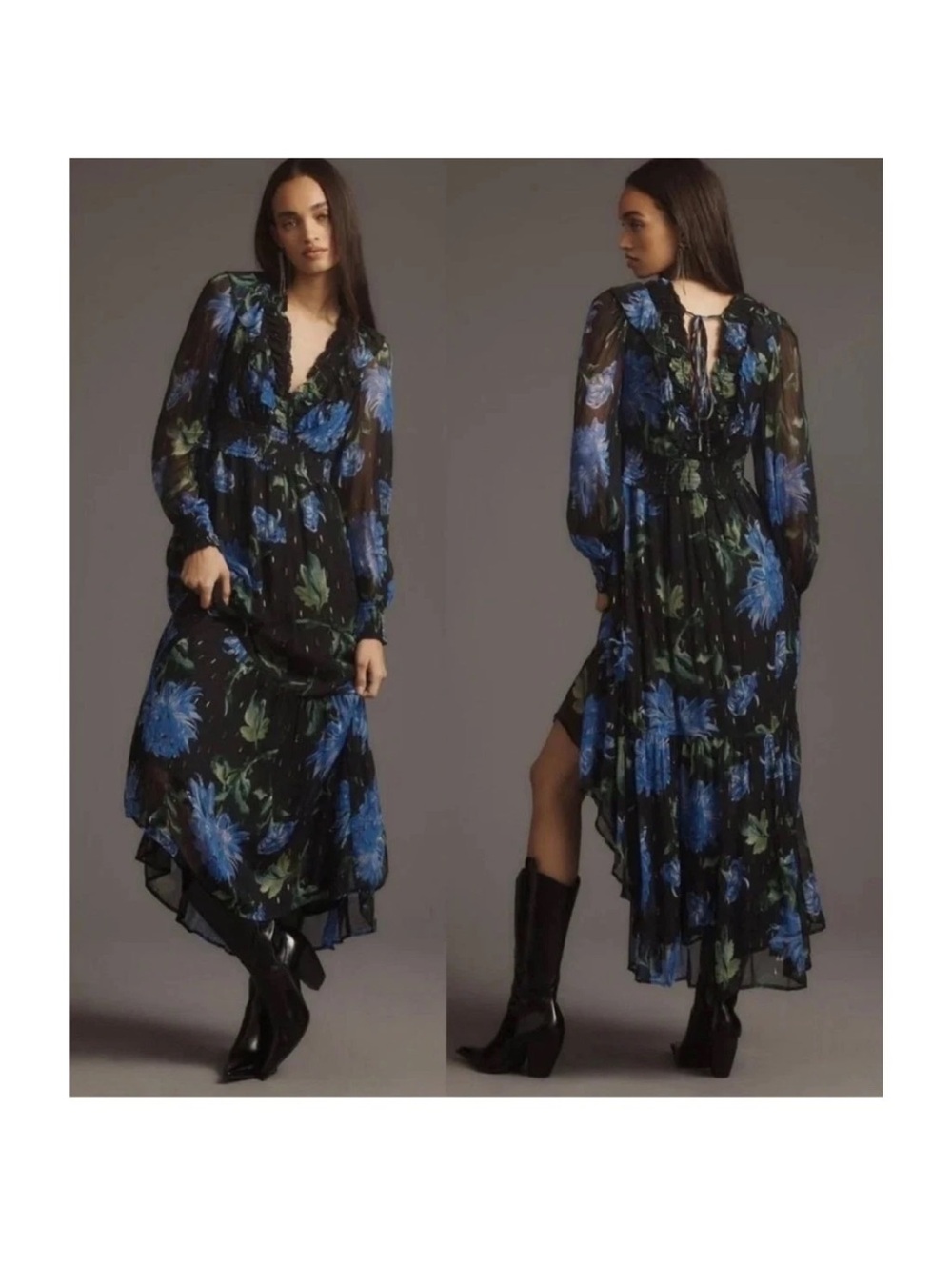 Anthropologie Odetta Black Floral Maxi Dress with Blue & Green Blooms